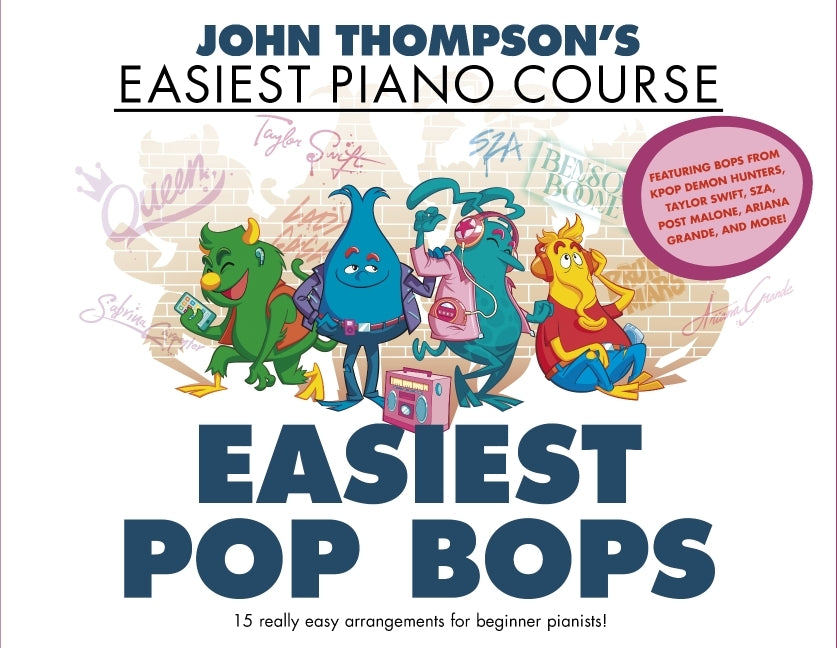 Paperback piano book titled "Easiest Pop Bops" by John Thompson from Willis Music Company, featuring colorful cover art.