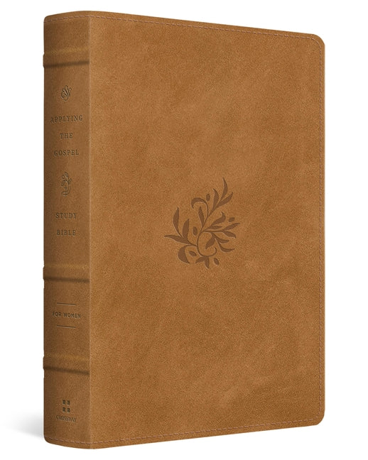 Crossway ESV Applying the Gospel Study Bible for Women in Trutone Nubuck Caramel with Tender Branch design, featuring detailed cover and pages