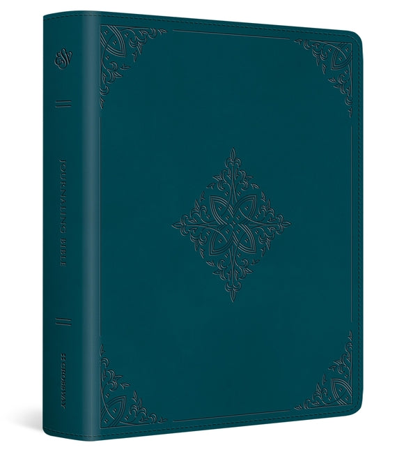 Crossway ESV Journaling Bible in Trutone Deep Teal with Fleur-De-Lis design, featuring a textured cover and gold-edged pages.