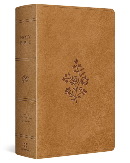 Red letter large print personal size Bible by Crossway with Trutone Nubuck Caramel cover and Wildflower design.