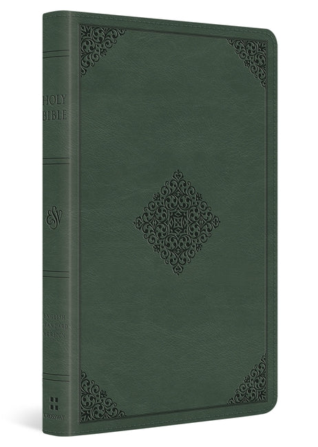 Red leather ESV Thinline Bible with Quiet Forest ornament design and red letter text, published by Crossway.