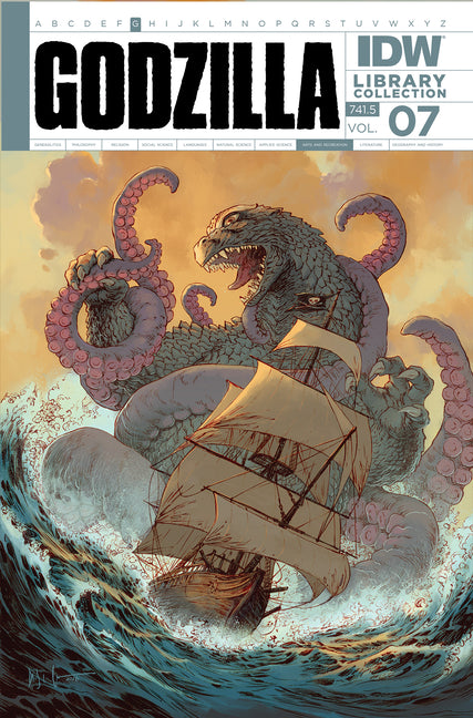 Paperback of Godzilla Library Collection, Volume 7 by IDW Publishing, featuring classic Godzilla comic artwork and cover design.