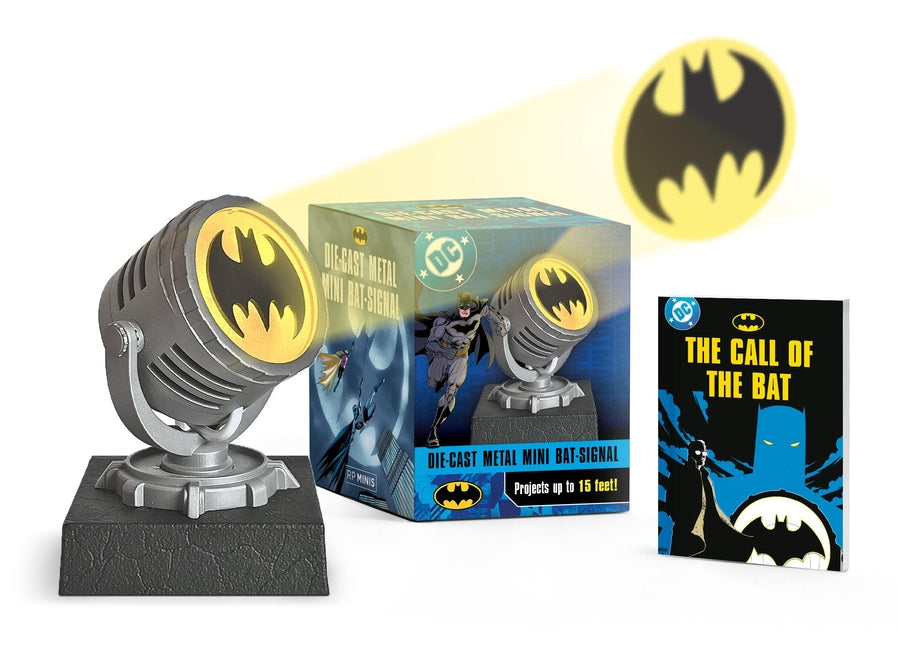 Batman die-cast metal mini Bat-Signal projecting light up to 15 feet, with a compact paperback book by Rp Minis.