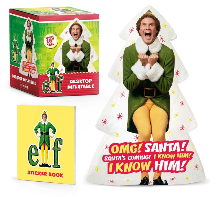 Inflatable Buddy the Elf desktop decoration, 16 inches tall, from Rp Minis, with a cheerful elf figure on a desk or tabletop.