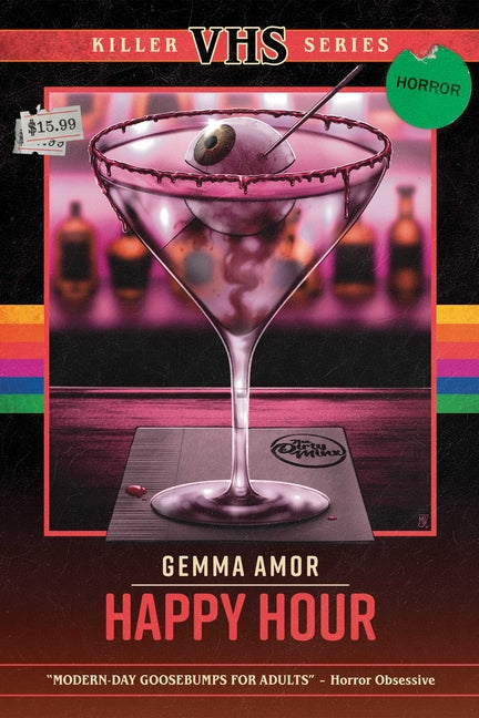 Paperback book titled "Happy Hour" by Shortwave, featuring a colorful cover design, placed on a wooden surface.