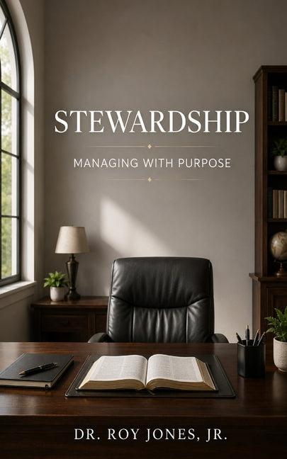 Paperback book titled "Stewardship Managing with Purpose" by Leeds Press Corp, featuring a cover with a professional design.