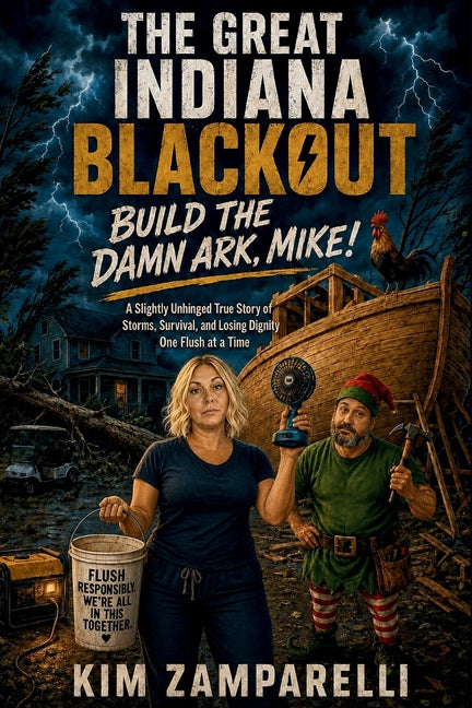 Paperback book titled "The Great Indiana Blackout Build The Damn Ark" by Mike, featuring cover art related to the story.