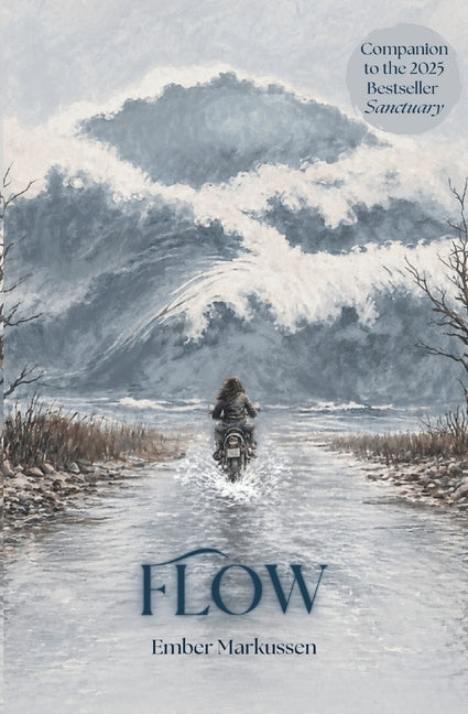 Paperback book titled "Flow" by Story Priestess with a minimalist cover design, shown lying open on a wooden surface.