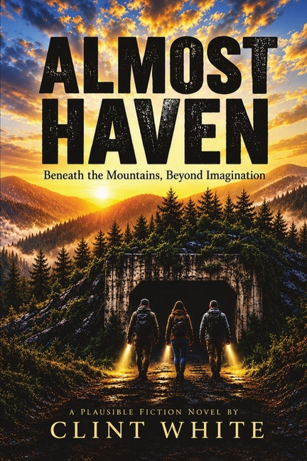 Paperback of Almost Haven by Clint White, featuring a mountain landscape cover with mystical elements for imaginative reading.