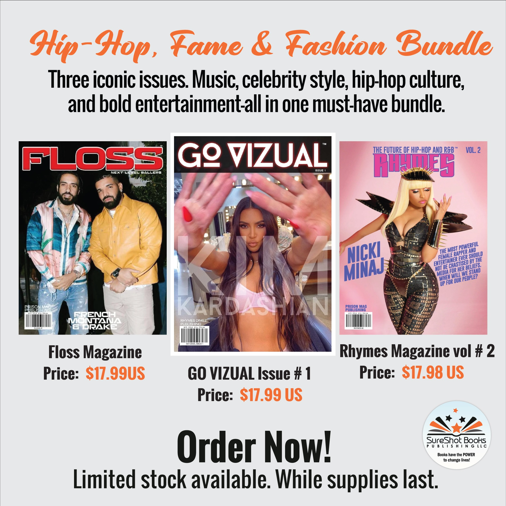 Hip-Hop, Fame & Fashion Bundle by SureShot Books Publishing LLC featuring vibrant book covers on a white background.