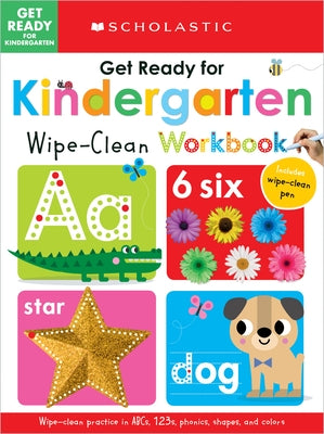 Wipe-clean kindergarten readiness workbook for early learners by Cartwheel Books, featuring colorful pages for practicing skills.