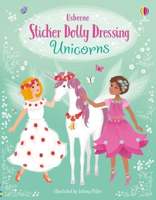 Paperback Sticker Dolly Dressing Unicorns book by Usborne Books featuring colorful unicorn stickers and dressing-up scenes.