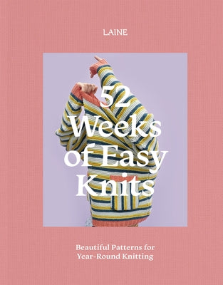 Paperback book cover for "52 Weeks of Easy Knits" by Hardie Grant Books, featuring colorful knitting patterns and a cozy design.