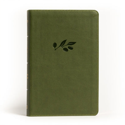Large print personal size NASB Bible in olive Leathertouch cover by Holman Bible Publishers, open to a page showing biblical text.