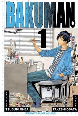 Paperback copy of Bakuman?, Vol. 1 manga by Viz Media featuring colorful cover art with Japanese manga characters.