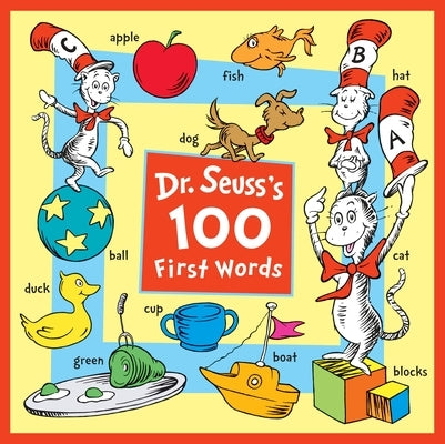 Colorful page from Dr. Seuss's 100 First Words board book by Random House, featuring playful illustrations for young children.