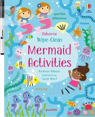 Wipe-clean paperback Mermaid Activities book by Usborne Books featuring colorful underwater scenes and fun interactive activities.