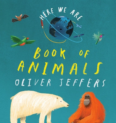 Colorful cover of "Here We Are: Book of Animals" board book by Philomel Books with animal illustrations.