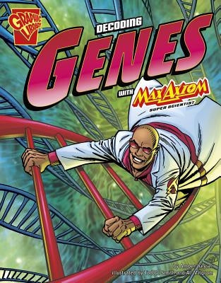 Paperback book titled "Decoding Genes with Max Axiom, Super Scientist" by Capstone Press featuring a colorful science-themed cover.