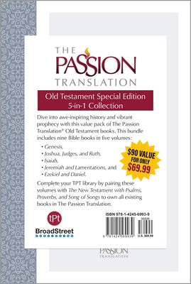 Passion Translation Old Testament Special Edition Bible by Broadstreet Publishing, shows the 5-in-1 collection with colorful cover artwork.