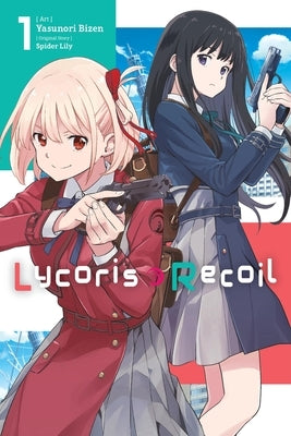 Paperback manga volume of Lycoris Recoil, Vol. 1 by Yen Press, featuring the cover art with characters and vibrant design.