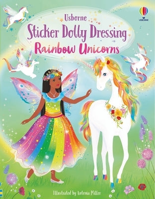 Paperback Sticker Dolly Dressing Rainbow Unicorns book by Usborne Books featuring colorful unicorn stickers and dressing activities.