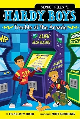 Paperback book titled "Trouble at the Arcade" by Aladdin Paperbacks, featuring colorful cover art with arcade game imagery.