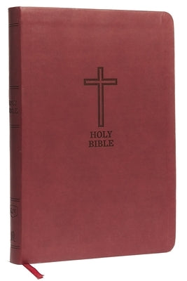 Red imitation leather Thomas Nelson KJV Thinline Bible with large print and red letter edition, open showing text pages.