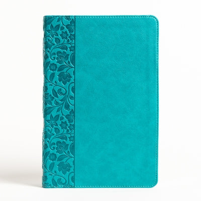 Large print teal leather-touch NASB Bible by Holman Bible Publishers, open to show readable text and detailed cover.