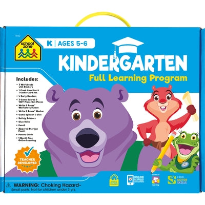 School Zone Kindergarten Full Learning Program paperback book with colorful cover and educational illustrations for young learners.
