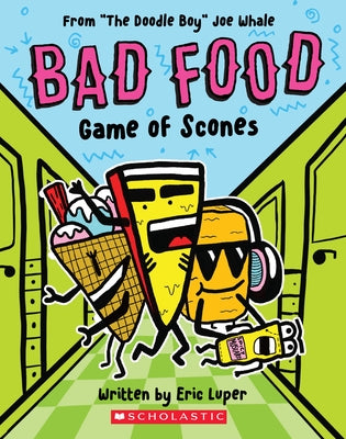 Paperback copy of "Game of Scones" by Joe Whale, featuring colorful cartoon illustrations on the cover, published by Scholastic Inc.