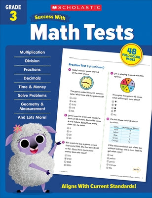 Paperback Scholastic Success with Math Tests Grade 3 Workbook with colorful cover and sample pages visible.