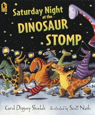 Paperback of Saturday Night at the Dinosaur Stomp by Candlewick Press featuring colorful dinosaur illustrations on the cover.