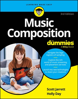 Paperback book titled "Music Composition for Dummies" by For Dummies, with a colorful cover featuring musical notes and instruments.