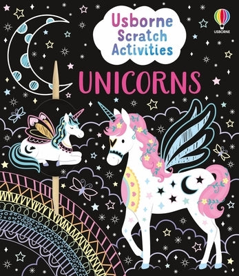 Usborne Scratch Activities Unicorns paperback book with colorful unicorn illustrations and scratch-off designs for kids.