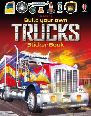 Build Your Own Trucks sticker book by Usborne Books, paperback with colorful truck stickers and creative pages for kids.