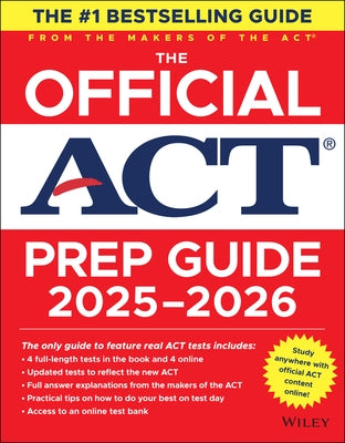Wiley The Official ACT Prep Guide 2025-2026 paperback book with online course access, featuring test tips and practice questions.