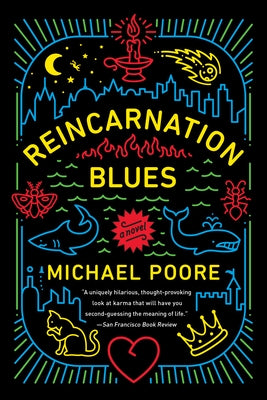 Paperback of Reincarnation Blues by Del Rey Books, showing the front cover with vibrant artwork and title text.