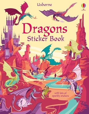 Paperback Dragons Sticker Book by Usborne Books featuring colorful dragon illustrations and sticker pages for creative fun.