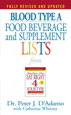 Blood Type A food, beverage, and supplement list from Berkley Books, shown as a mass market paperbound book cover.