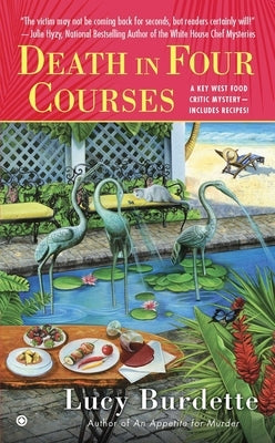Mass market paperback of "Death in Four Courses," a Key West food critic mystery novel by Berkley Books, featuring a book cover.