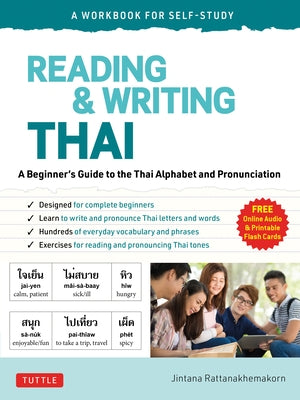 Paperback Thai language workbook by Tuttle Publishing featuring exercises for learning Thai alphabet and pronunciation with online audio.