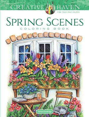 Paperback Creative Haven Spring Scenes coloring book by Dover Publications featuring detailed spring landscape illustrations.