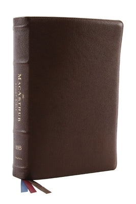 Thomas Nelson LSB MacArthur Study Bible in brown goatskin leather with comfort print, open to a page showing Bible verses and study notes.