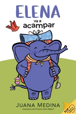 Paperback flip book titled "Elena Camps / Elena Va a Acampar" by Candlewick Press, featuring colorful camping-themed illustrations.