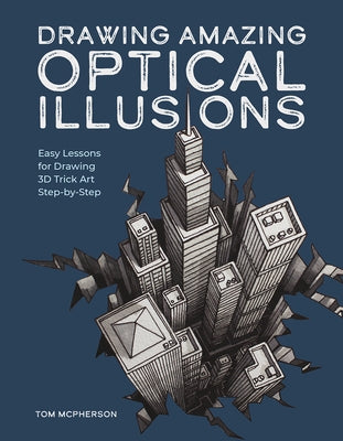 Paperback book titled "Drawing Amazing Optical Illusions" by Rocky Nook, featuring colorful 3D trick art illustrations on the cover.