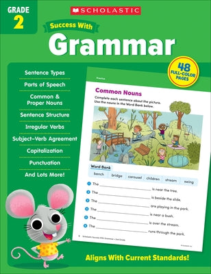 Paperback Scholastic Success with Grammar Grade 2 workbook showing colorful pages and exercises for second-grade grammar practice.