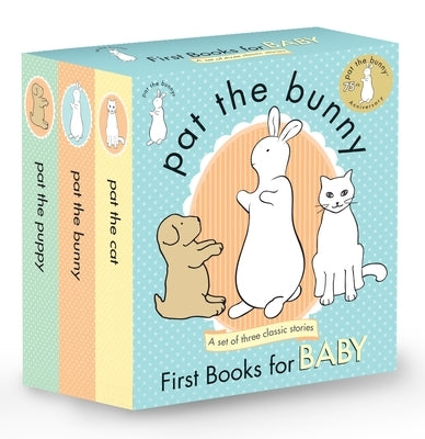 Golden Books Pat the Bunny paperback with soft illustrations of Pat the Bunny, Pat the Puppy, and Pat the Cat for babies.