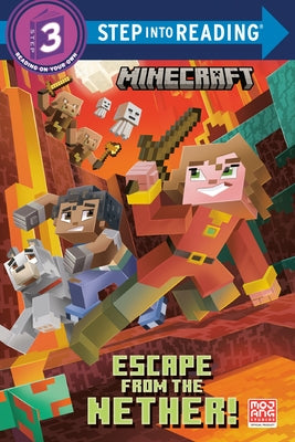 Paperback book cover of "Escape from the Nether!" from Minecraft, featuring vibrant Minecraft characters and a pixelated Nether landscape.