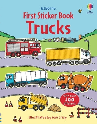 Paperback First Sticker Book Trucks by Usborne Books featuring colorful truck illustrations and reusable stickers for kids.